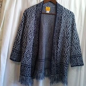 Ruby Rd. Petite Large Navy White Open Front Fringe Knit Cardigan Coastal Casual